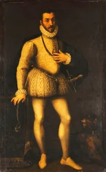 Portret van een heer, volledig, met een geborduurde witte jerkin, een mantel en een zwaard, ca. 1580