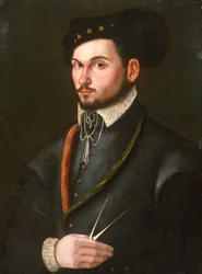 Portret van een navigator met zijn passer om een koers uit te zetten, ca.1560