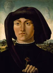 Portret van een jonge man met een roze bloem, ca. 1475-85