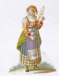 Portret van een jonge vrouw uit Pietracanale in de regio Abruzzen, in traditionele klederdracht, Italië. 19e eeuw. Museo Nazionale di San Martino, Napels