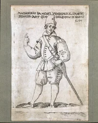 Portret van de Napolitaanse visser en revolutionair Masaniello (1623-1647) (portret van Masaniello, Napolitaanse visser en leider van de opstand tegen de Habsburgse heerschappij in Napels in 1647). Gravure uit de 17e eeuw. Museo Nazionale di San Martino