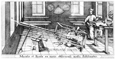 Het beeld van de zon projecteren door een refractortelescoop om zonnevlekken te bestuderen, illustratie uit Rosa Ursina door Christoph Scheiner, gepubliceerd in 1630