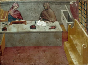 Voorstelling van een camerlinguist, assistent van een kopiist. Anoniem schilderij op hout van een Biccherna (omslag van het boekhoudregister van de stad Siena) 1388. Siena Archivio di Stato, Italië
