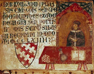 Voorstelling van een kamerlinguïst die aan zijn bureau zit Anoniem schilderij op hout van een Biccherna (omslag van het boekhoudregister van de stad Siena) 1250. Siena Archivio di Stato, Italië