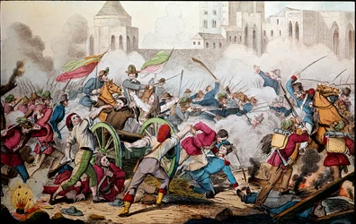 Risorgimento: De gevechten van Palermo op 26 mei 1860. Expeditie van de Duizend (roodhemden). Giuseppe Garibaldi (1807-1882), tussen Palermo en het opstandige volk, sloot zich bij hen aan om tegen de soldaten van het Bourbonkoninkrijk Napels te vechten.