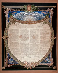Risorgimento: grondwet afgekondigd door koning Ferdinand II der Beide Siciliën (1810-1859) in 1847. Napels, Museo Nazionale di San Martino, Italië