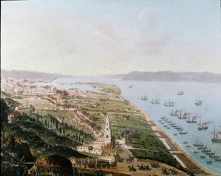 Risorgimento: de Bourbonse legers van Ferdinand II der Beide Siciliën in Messina, Sicilië, in augustus 1848 om Sicilië na de opstanden te heroveren. Anoniem schilderij. Museo Nazionale di San Martino, Napels