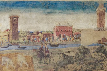 Rivier, torens en landelijk leven (detail), Hal van de Maanden, Onderste gedeelte: Levensscènes van het hof van Borso d