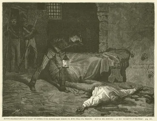 Ruffini sneed opzettelijk een slagader door en schreef met warm bloed op de muur van zijn gevangenis: "Hier is mijn antwoord, mijn wraak aan de broeders" (gravure)
