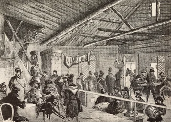 Russische soldaten in taverne nabij de vestingwerken van Warschau, Polen, gravure naar schets van Fritzmann, uit L