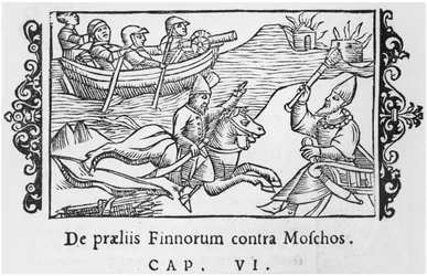 Russen en Finnen vechten, illustratie uit Historia de Gentibus Septentrionalibus door Olaus Magnus (1490-1558), uitgegeven in Rome, 1555