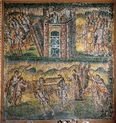 Scènes uit het boek Jozua: De inname van Jericho, De zeven priesters die de Ark van het Verbond dragen (mozaïek)