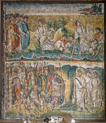 Scènes uit het boek Jozua: De inname van Jericho, De zeven priesters die de Ark van het Verbond dragen (mozaïek)