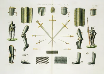 Losse stukken van een ridderharnas, plaat 18 uit The History of the Nations, gegraveerd door G. Lago