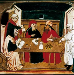 Handtekening voor een transactie, een notaris registreert de akte en een bankier telt de munten