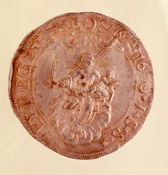 Zilveren munt uit de Republiek Genua met voorstelling van de Maagd Maria met Jezus kind (1670)