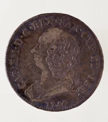 Zilveren Italiaanse munt (halve ecu) uit het koninkrijk Sardinië: regeerperiode van Carlo Emanuele III di Savoia (1701-1773). 1756