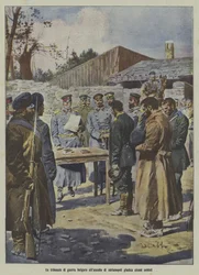 Soldaten worden berecht door een Bulgaars militair tribunaal tijdens het Beleg van Adrianople, Eerste Balkanoorlog (kleurenlitho)