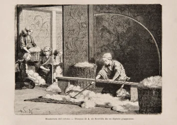 Katoen spinnen, Japan, uit de Italiaanse editie van Tour du Monde, 1869
