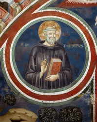 St. Benedictus, fresco van de Tweede Medewerker door Consolo of Magister Consolus, onderste kerk van het Klooster van de Heilige Grot, Subiaco, Italië