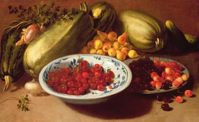 Stilleven van kersen, courgettes en peren
