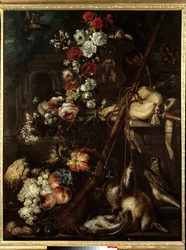Stilleven van bloemen, wild en geweer. Schilderij van de Italiaanse School van de 17e eeuw. Bayonne, Musée Bonnat
