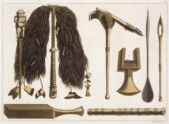 Tahitiaanse gereedschappen en ceremoniële instrumenten, illustratie uit een collectie vroege 19e-eeuwse reisboeken