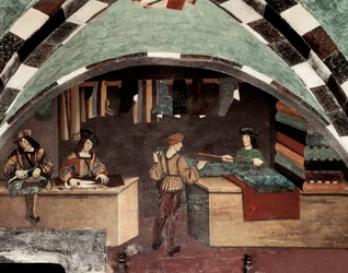 Kleermakerij. Een man is aan het naaien, een ander knipt de stof en een derde verkoopt de textiel aan een klant. Fresco Kasteel Issogne (15e eeuw)