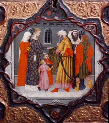 Tiende dag, negende verhaal: de dag van Messer Torello en Saladin (1138-1193) (Salah al-Din Yusuf al-Ayyubi). Beschilderde kist met een voorstelling uit de 