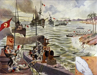 De slag om Kunfuda Bay, januari 1912 (kleurenlitho)