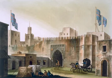 De Beb Kar, poort naar Tunis, met Europeanen in een door paarden getrokken rijtuig, ca. 1820-30