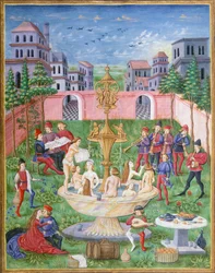 De Fontein van het Leven: zangers en muzikanten in een tuin, miniatuur uit De Sphaera, door Leonardo Dati