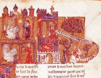 De Griekse filosoof Aristoteles onderwijst zijn studenten moraal en vrouwenhaat (miniatuur uit een Italiaans manuscript)