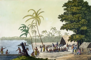 De haven van Anamooka, plaat 82 uit Le Costume Ancien et Moderne, door Jules Ferrario, gepubliceerd c.1820s-30s