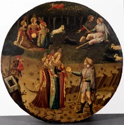 Het oordeel van Parijs. De herder Parijs moet kiezen aan wie hij de gouden appel zal geven om de mooiste van de drie godinnen, Athena, Aphrodite of Hera, aan te wijzen. Schilderij van de Italiaanse school uit de 15e eeuw Florence, Museo Nazionale del Barge