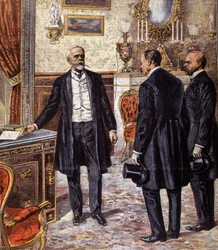 De scheiding van Noorwegen en Zweden in 1905 (kleurenlitho)