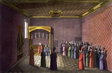 De troonzaal van de sultan, plaat 29 uit Deel III, Deel I van ‘De geschiedenis van de naties’, gegraveerd door Giacomo Bussi