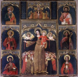 De Maagd met Christus Kind: Altaarstuk van Onze-Lieve-Vrouw van de Rozenkrans. Zes heiligen omringen de Maagd: Sint-Pieter, Sint-Jan de Doper met het Lam Gods, Sint-Bartolomeüs, Sint-Stefanus, Sint-Julianus, Sint-Maria Magdalena. Boven, de kruisiging