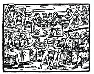 De heksensabbat, kopie van een illustratie uit Compendium Maleficarum door Fr M Guaccius, Milaan 1608, gebruikt in History of Magic, gepubliceerd eind 19e eeuw