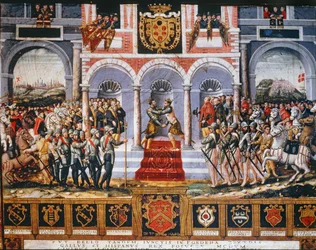 De festiviteiten na de Vrede van Cateau-Cambresis, overeenkomst die het einde markeert van de 65-jarige strijd tussen Frankrijk en Spanje om de controle over Italië