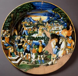 De held Gaius Mucius Scaevola tegenover Porsenna, de Etruskische koning. Keramische schotel uit het atelier Fontana in Urbino, Italië. Rond 1560. Museo Nazionale del Bargello, Florence