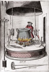 De keuken onder een bel. Gravure uit “Opera”, boek over gastronomie verdeeld in 6 delen, door Bartolomeo Scappi, persoonlijke kok van paus Pius V. Venetië
