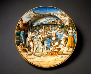 De kindermoord van Bethlehem. Keramische schotel uit het atelier Fontana in Urbino, Italië. Rond 1566. Museo Nazionale del Bargello, Florence