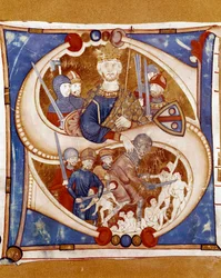 De kindermoord van Bethlehem: koning Herodes I de Grote (73-4 v.Chr.) geeft een vertegenwoordiger opdracht de pasgeborenen van Bethlehem te vermoorden. Verluchte initiaal uit een handschrift van de Umbrische school. 14e eeuw. Città di Castello, Biblioteca