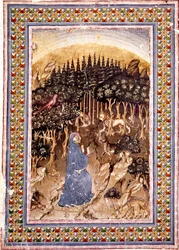 De dichter Dante bevindt zich in een donker bos. Verluchte pagina van het eerste lied van de Hel uit de 