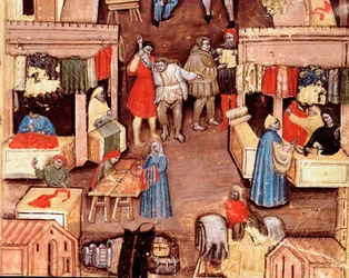 De wandeling van het plein Ravegnana in Bologna met stoffenhandelaar