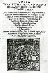 Titelpagina voor een kopie van een brief verzonden vanuit het hof van de koningin van Engeland