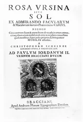 Titelpagina van Rosa Ursina sive Sol door Christoph Scheiner, gepubliceerd in 1630 (prent)
