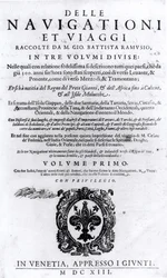 Titelpagina van deel I van Delle Navigationi et Viaggi door Giovanni Ramusio (1485-1557) gepubliceerd 1613