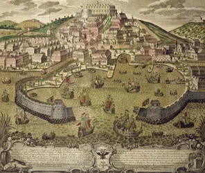 Stad Triëst en zijn vrije haven, gekleurde gravure, Italië